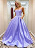 A Line Spaghetti Straps Satin Purple Prom Dress with Pockets LBQ2120